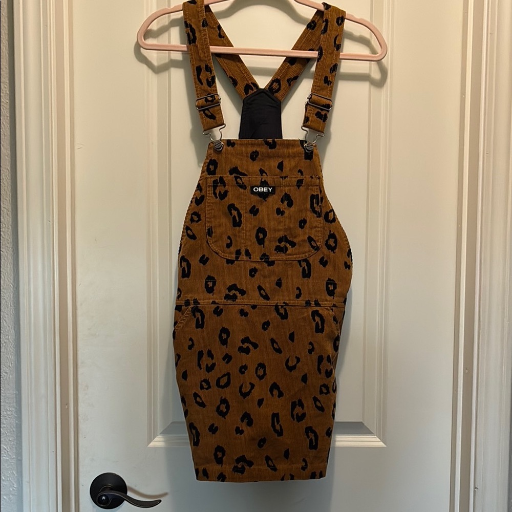 OBEY XS Brown Black leopard Mini overall Dress